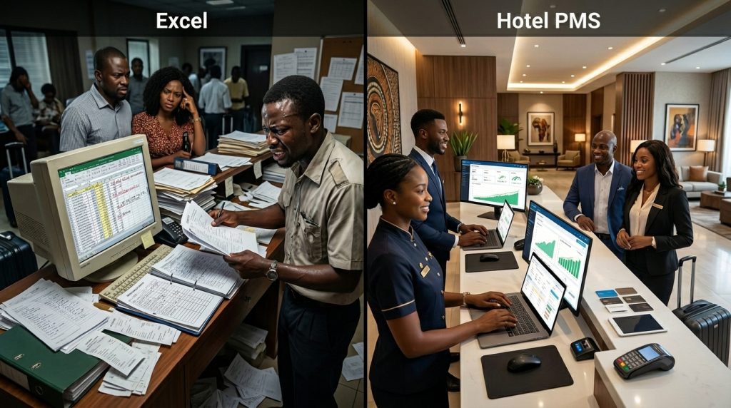 Hotel PMS vs Excel: Why Nigerian Hotels Are Losing Money With Spreadsheets Create a modern, ultra-realistic blog hero image illustrating the financial and operational difference between using Excel spreadsheets and a Hotel Property Management System (PMS) in a Nigerian hotel. Split the scene into two contrasting halves. Left Side (Excel): A stressed Nigerian hotel receptionist surrounded by printed booking sheets, messy Excel spreadsheets displayed on an outdated desktop monitor, handwritten reservation notes, overbooked room schedules, ringing telephones, confused guests waiting at the reception desk, visible accounting mistakes, paperwork scattered across the counter, dim lighting, expressions of frustration, symbolizing lost revenue, inefficiency, and human error. Right Side (Hotel PMS): A modern Nigerian hotel front desk with smiling staff using sleek computers displaying a professional Hotel Property Management System dashboard. Digital room availability, real-time reservations, automated check-in/check-out, occupancy charts, payment tracking, housekeeping status, guest profiles, and analytics are visible on elegant interface screens. Guests are checking in effortlessly while staff work confidently. Bright lighting, clean reception area, premium hotel interior, organized workflow, and a luxurious atmosphere. Include subtle financial growth elements such as upward revenue graphs, occupancy rate indicators, digital reports, and business performance dashboards on the PMS side. Use Black African hotel staff and guests exclusively. The hotel should look like a premium Nigerian business hotel with contemporary African-inspired architecture and interior design. Style: Corporate technology photography, cinematic lighting, highly detailed, photorealistic, premium business branding, shallow depth of field, 8K quality, editorial magazine cover style, realistic textures, luxury hospitality aesthetic. Composition: Wide landscape (16:9), dramatic split-screen comparison, reception desk centered, balanced visual storytelling, plenty of clean negative space at the top and right for blog title placement. Color Palette: Left: muted grays, dull blues, slightly desaturated to emphasize inefficiency. Right: warm gold, white, navy blue, emerald accents to represent technology, trust, and profitability. Do NOT include: text, logos, watermarks, company names, icons with labels, or visible branding. The image should communicate the story visually without words.