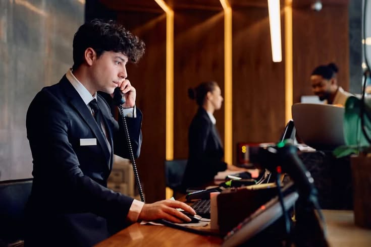 young,receptionist,making,a,phone,call,while,working,on,desktop