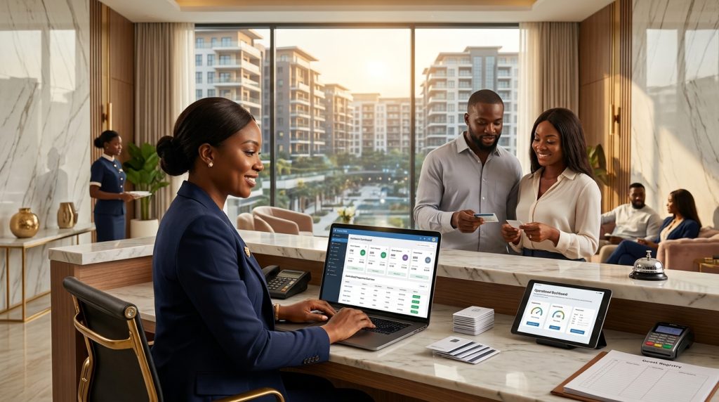Scaling Operations: Lessons from Deploying eZee Across Major Nigerian Apartments manager using laptop at desk 202608291235